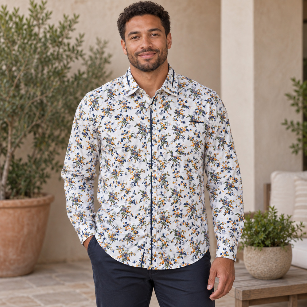 Platini Men’s Floral Button-Front Shirt 3XL 100% Cotton Long Sleeve